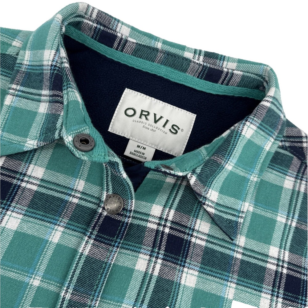 Orvis Shacket Women M Fleece Lined Snap Front Sea Green Plaid Shirt Jacket